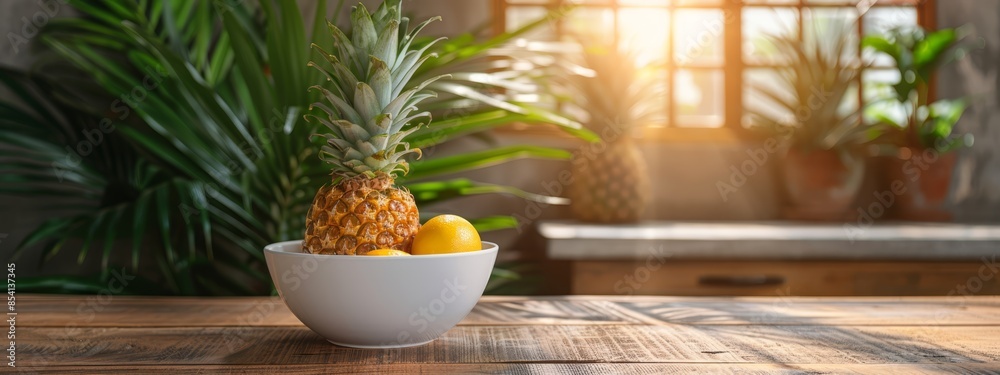 A pineapple and lemons in a white bowl on a weathered wooden table, before a potted plant A pineapple and lemons in a white bowl on a weathered wooden table, before a potted plant