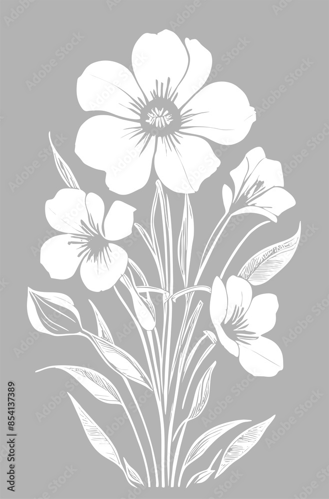 white graphic linear drawing of a branch of flowers on a gray background, design
