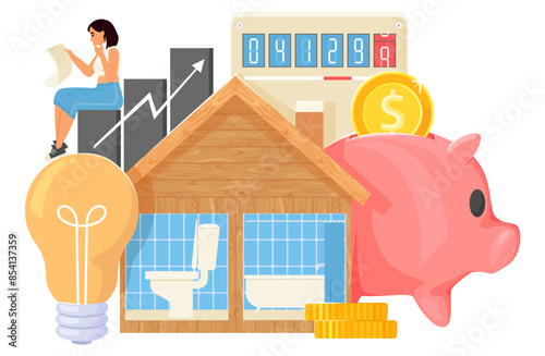 Communal payments price rising and increase in utility cost bills vector illustration. Financial expenses growth, economy calculate, family budget control concept