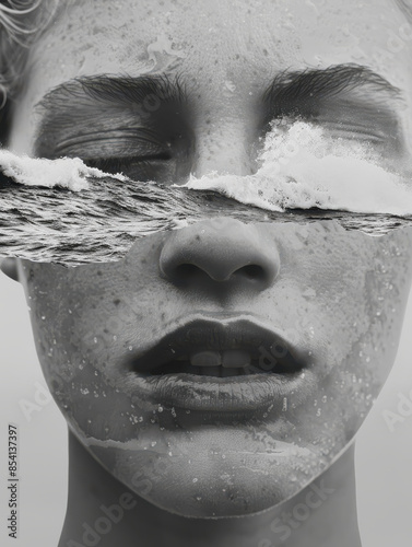 Surreal Portrait of Young Woman with Water Wave Across Eyes