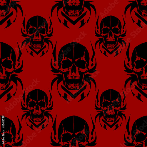 Wallpaper Mural seamless symmetrical pattern of black human skulls on a red background, texture, design Torontodigital.ca