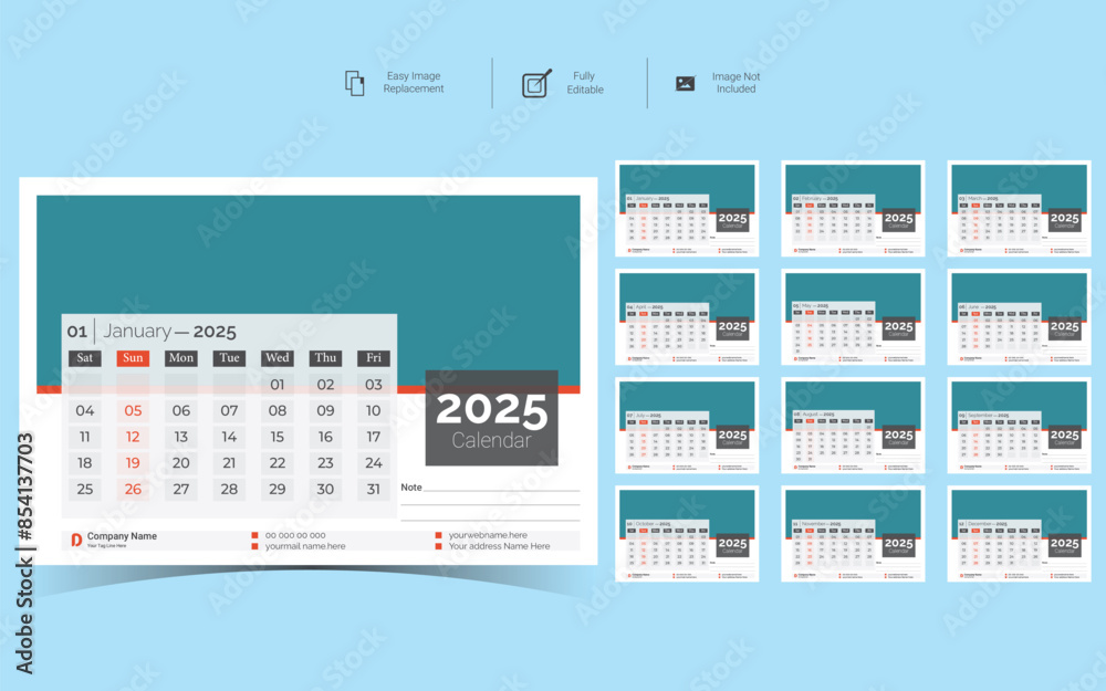 2025 Corporate Desk Calendar Template Design.Set of Desk calendar vector design with print template 2025 Corporate Desk Calendar Template Design.Set of Desk calendar vector design with print template