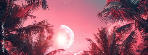  A pink backdrop adorned with palm trees in the foreground and a half moon centrally positioned in the sky