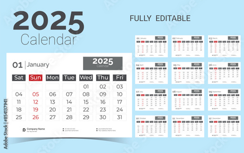 Corporate Desk Calendar Template Design for 2025.Set of Desk calendar vector design with  print template