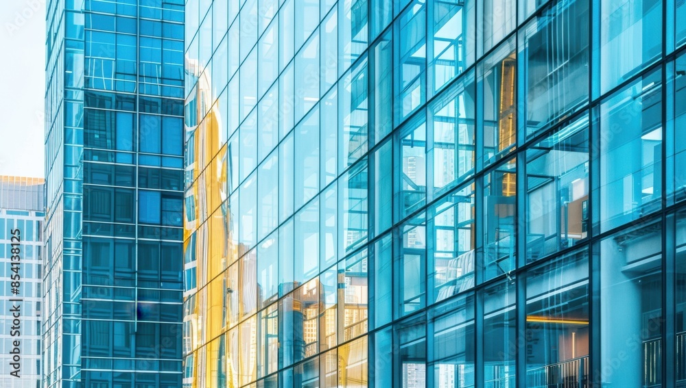 A closeup of the glass curtain wall on an office building, reflecting other buildings in soft blue tones Generative AI A closeup of the glass curtain wall on an office building, reflecting other buildings in soft blue tones Generative AI