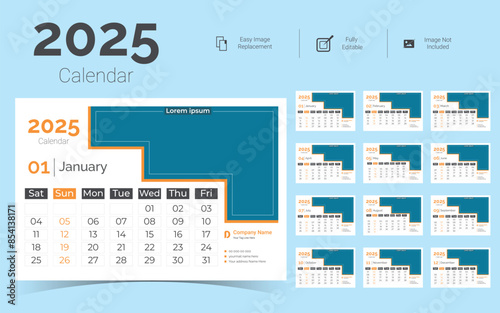 Corporate Desk Calendar Template Design for 2025.Set of Desk calendar vector design with  print template