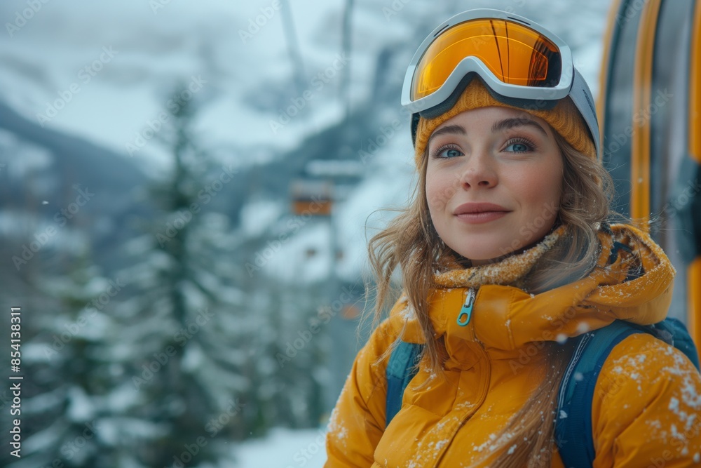 Cheerful skier in yellow jacket and ski goggles smiles against a snowy mountain background Cheerful skier in yellow jacket and ski goggles smiles against a snowy mountain background
