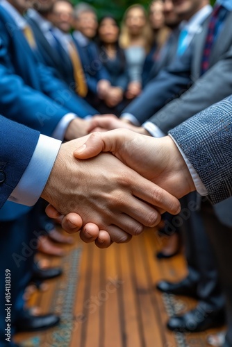 Business handshake symbolizing agreement and partnership, highlighting professional success, cooperation, and mutual trust in a formal business setting, Generative AI