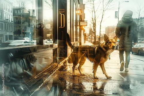 Solitary Canine Journey - Abandoned Dog Navigating Wet City Streets © photobuay