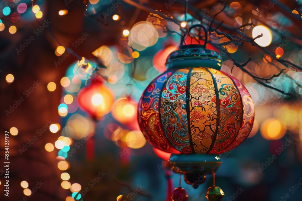 Experience the magic of the Lantern Festival in the USA with this colorful lantern adorned with intricate designs, delicately hanging from a tree branch. Experience the magic of the Lantern Festival in the USA with this colorful lantern adorned with intricate designs, delicately hanging from a tree branch.