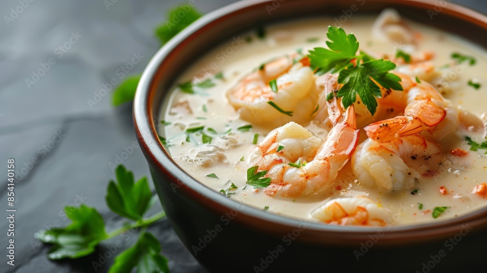 Creamy seafood chowder featuring shrimp, crab, and fish, centered in a bowl, soft ambient light enhances the appetizing presentation, showcasing the savory and rich dish Creamy seafood chowder featuring shrimp, crab, and fish, centered in a bowl, soft ambient light enhances the appetizing presentation, showcasing the savory and rich dish
