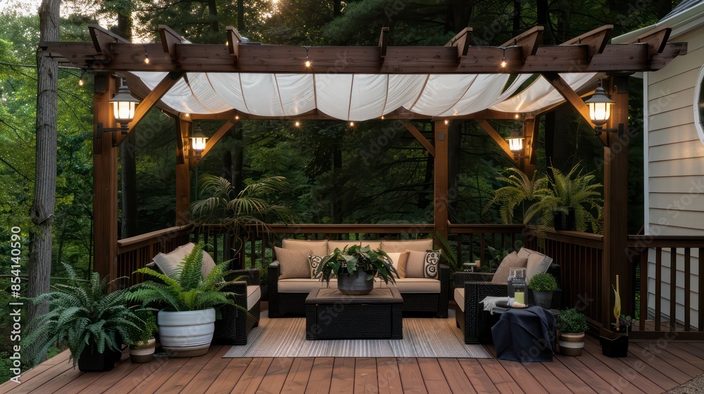 Fototapeta premium A patio with a wooden pergola and a white canopy