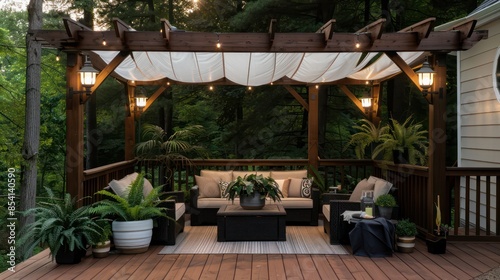 A patio with a wooden pergola and a white canopy © Dumrongkait
