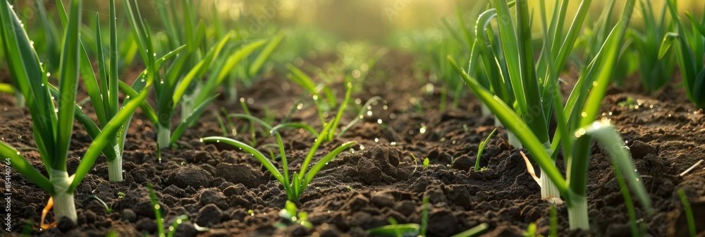 Thick, lush rows of green onions flourish on the plantation, their vibrant green shoots standing tall and promising a flavorful addition to culinary creations, banner