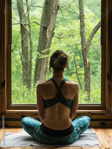 Woman Meditating in Serene Forest Cabin