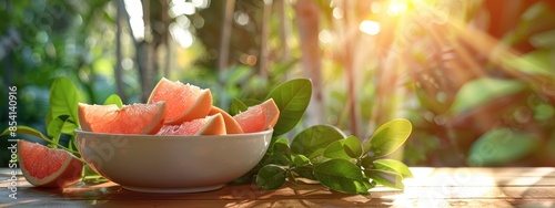  A white bowl, brimming with watermelon slices, rests atop a weathered wooden table Nearby, a lush green bush adorned with leafy fol photo