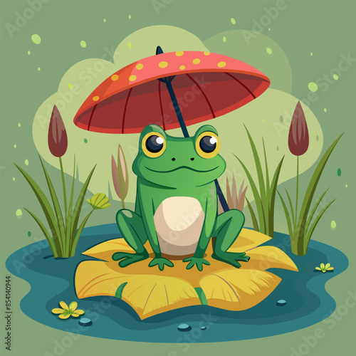 A frog under an umbrella in a swamp: a vector illustration reflecting the beauty and harmony of nature
