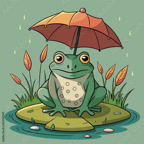 Immerse yourself in the natural world with this vector illustration of a frog under an umbrella in a swamp.
