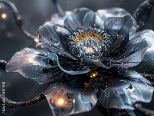 Reconfigured Cyborg Flora Intricate Mechanical Petals Gleaming Chrome Stems and Bioluminescent Cores photo
