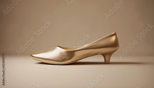 A gold shoe with a pointed toe and a high heel. Generate AI image