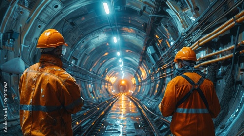 workers construct the tunnel in the rock with modern equipment and boring machines