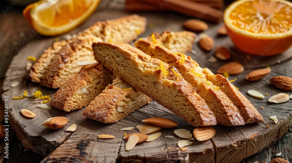 Freshly Baked Gourmet Biscotti Cookies with Vibrant Citrus Zest and Toasted Almonds on Rustic Wooden Backdrop Freshly Baked Gourmet Biscotti Cookies with Vibrant Citrus Zest and Toasted Almonds on Rustic Wooden Backdrop