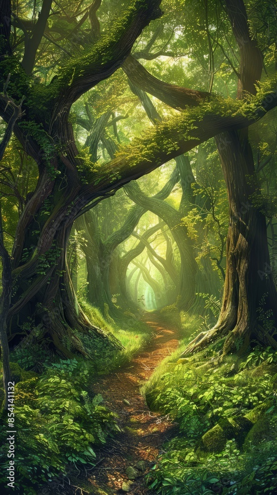Enchanted forest path with arching trees and dappled sunlight Stock ...
