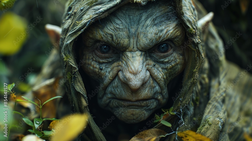 A characteristic fantasy creature peering through leaves in a mystical forest A characteristic fantasy creature peering through leaves in a mystical forest