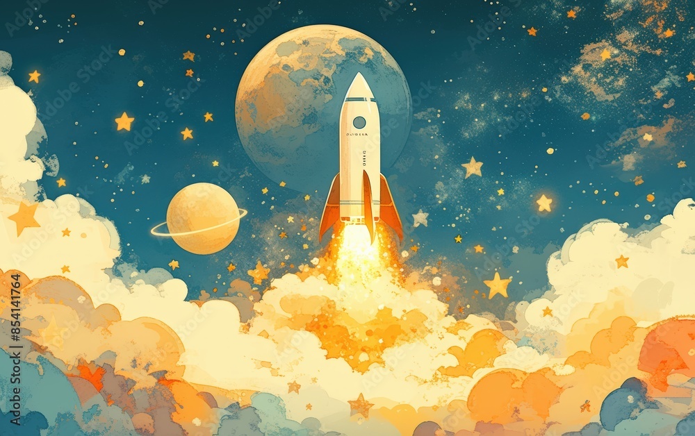 Obraz premium A whimsical rocket launching into space, surrounded by stars and planets in a vibrant, colorful sky.