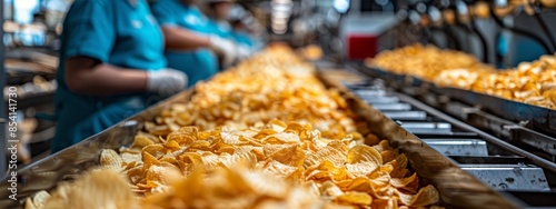  A man in a blue shirt stands next to a conveyor belt laden with numerous food items in a factory