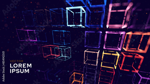 Big Data 3D Cubes Quantum Computer Server Concept Background. 3D Blockchain Cube Blocks Concept. Data Core Abstract Cubes. Artificial Intelligence HUD Design Vector BG.