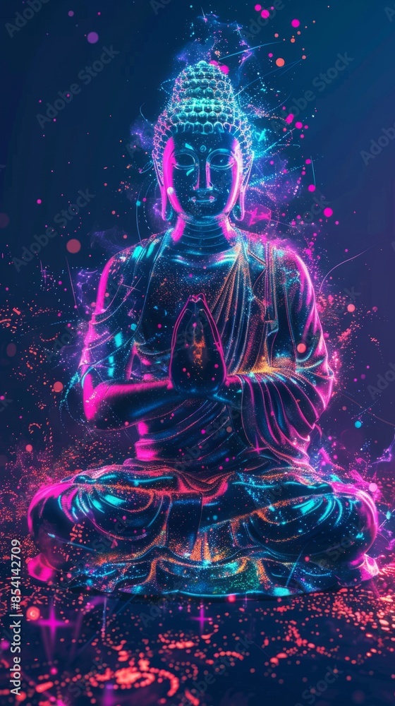 Neon-lit statue of Buddha with vibrant, glowing colors.
Neon-lit statue of Buddha with vibrant, glowing colors.