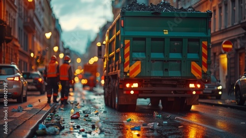 Waste collection vehicle with reflective stripes on a littered urban street during evening, with workers in the background photo