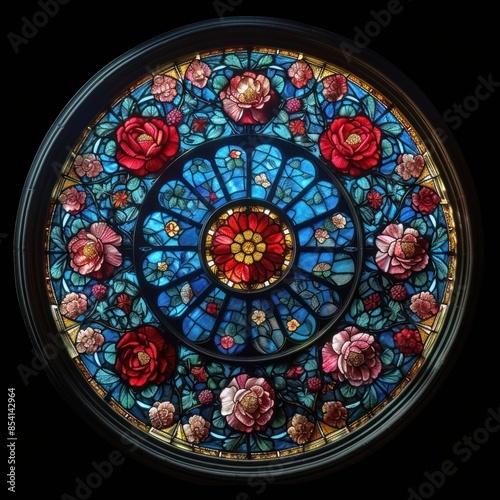 Circular stained glass window, front view, colorful rose window of cathedral, gothic style, isolated on black.