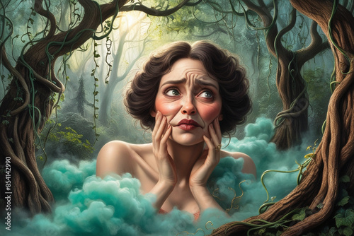 Mystical Reverie: Whimsical Woman Lost in Thought in Enchanting Forest"