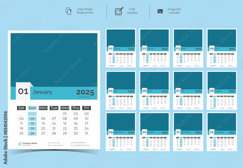 Corporate Wall Calendar Template Design for 2025.Set of 12 pages calendar vector design with print template Corporate Wall Calendar Template Design for 2025.Set of 12 pages calendar vector design with print template