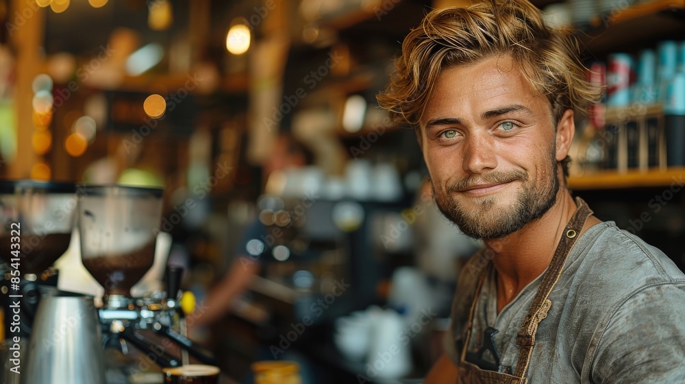 Charming and smiling barista serving customers in a modern, trendy coffee shop Charming and smiling barista serving customers in a modern, trendy coffee shop