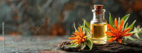  A bottle of oil rests atop a rock Nearby, an orange flower blooms on a separate piece of wood