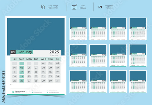 Corporate Wall Calendar Template Design for 2025.Set of 12 pages calendar vector design with  print template