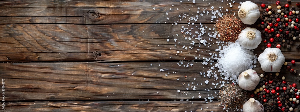 A wooden table holds an array of garlic cloves sprinkled with salt and freshly ground pepper Nearby, other spices and seasonings are at the ready A wooden table holds an array of garlic cloves sprinkled with salt and freshly ground pepper Nearby, other spices and seasonings are at the ready