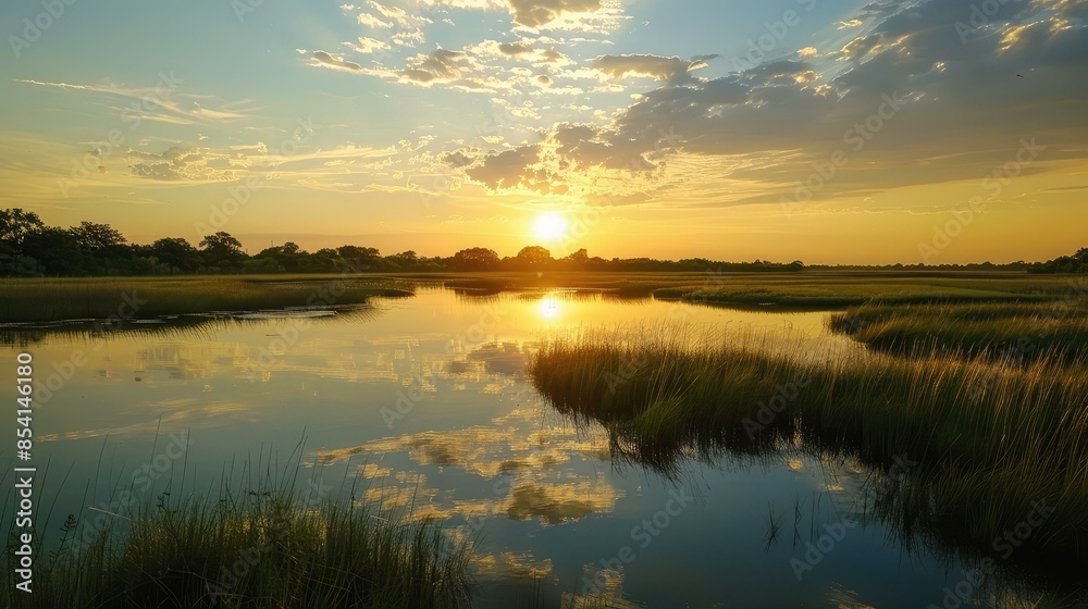Golden Sunset Reflections in Calm Waters of Serene Wetland Golden Sunset Reflections in Calm Waters of Serene Wetland