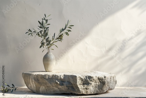 A single olive branch in a vase placed on a rough, textured stone under natural light, depicting simplicity and peace