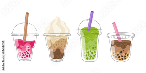 Bubble tea cup design collection, Pearl milk tea, Yummy drinks, coffee, milkshakes, espresso, latte or juice cocktail. Boba milk tea ads with delicious tapioca and pearl. Cartoon Vector Illustration.