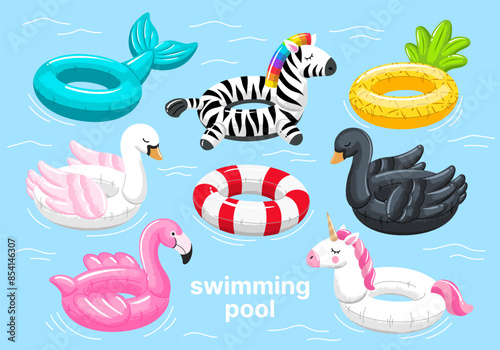 Inflatable circles swimming rings set. Summer pool rubber rings. Flamingo, mermaid, zebra, pineapple, swan, unicorn. Inflatable rubber toy for water and beach. Vector hand draw illustration