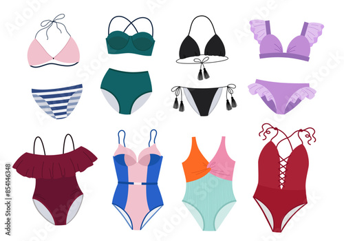 Vector hand draw flat vector cartoon set of stylish lingerie and swimsuits in various shapes and colors, isolated on a white background. Bikini swimsuits summer vacation clothing fashion.