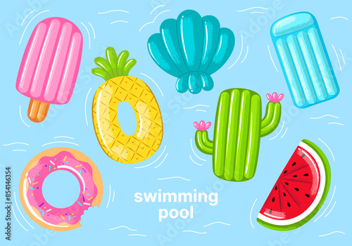 A set of inflatable circles and mattresses for swimming. Summer pool rubber rings. Ice cream, pineapple, shell, cactus, watermelon, donut. Inflatable rubber toy for water and beach. Vector hand draw
