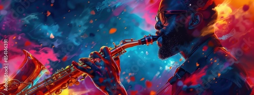 An artistic illustration of a saxophonist immersed in vibrant, colorful splashes, creating a dynamic music scene