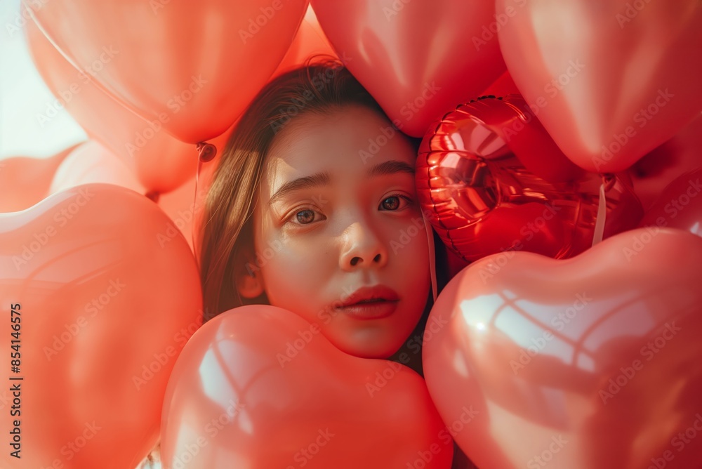 A beautiful girl surrounded by heart-shaped balloons, with a Valentine's Day atmosphere, in a closeup portrait photograph, with soft lighting, pink and red tones A beautiful girl surrounded by heart-shaped balloons, with a Valentine's Day atmosphere, in a closeup portrait photograph, with soft lighting, pink and red tones