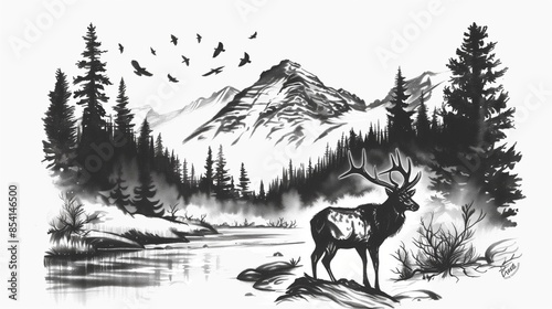 Black and white graphic featuring an elk in a detailed natural setting with mountains and birds