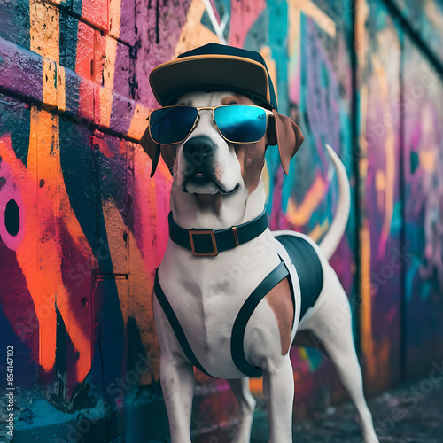 A striking, 3D-rendered image of a fashionable dog wearing stylish sunglasses and a trendy cap, set against a vibrant, graffiti-filled urban backdrop.